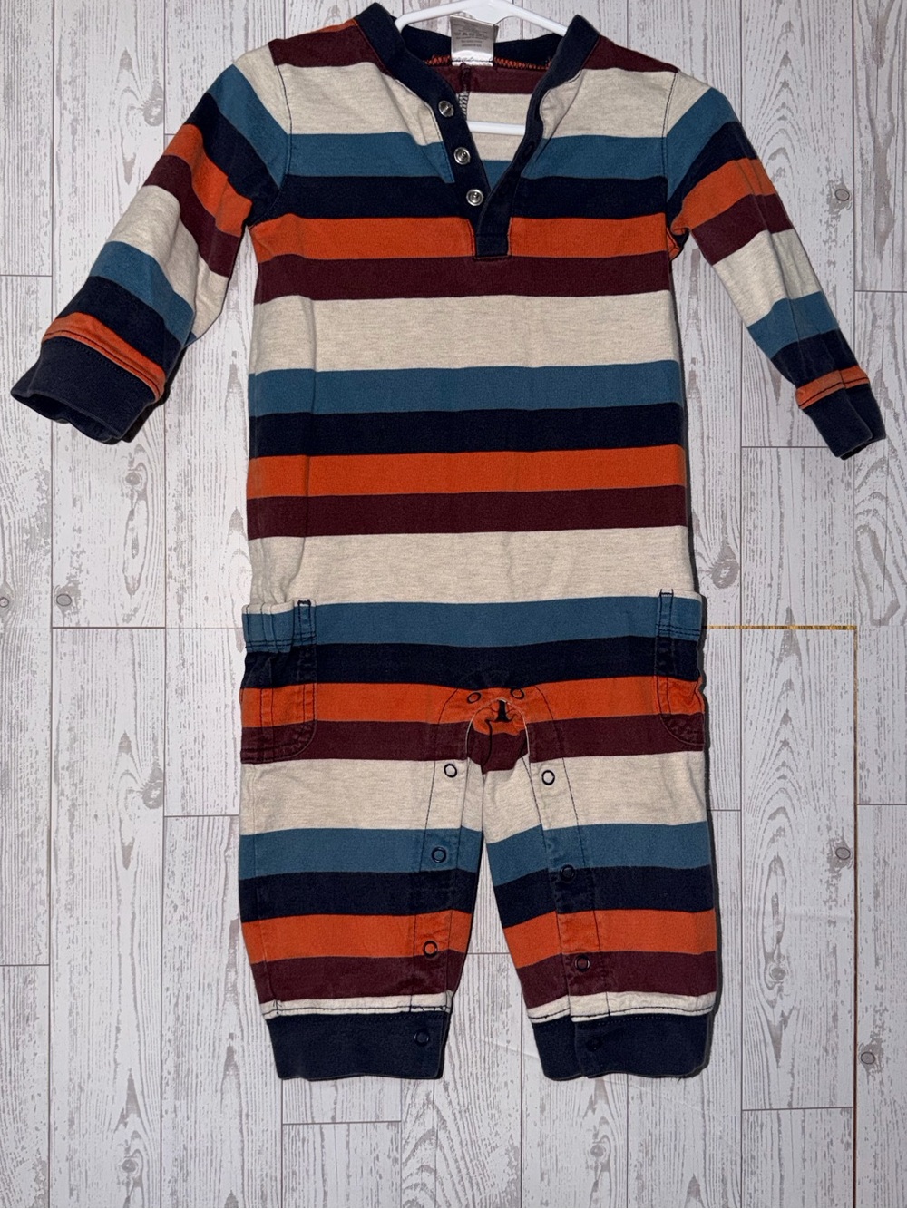 Gymboree Navy, Blue, Orange & Cream Striped Henley Romper